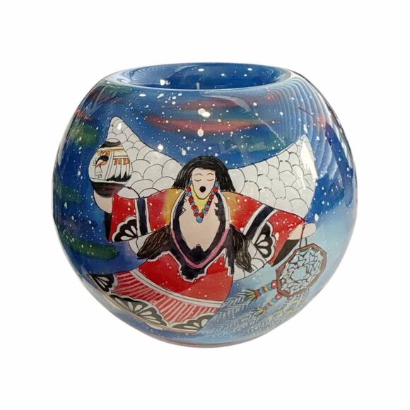 Hand Blown and Painted Glass Lawrence Vargas Native American Angel Votive Bowl - Picture 1 of 10
